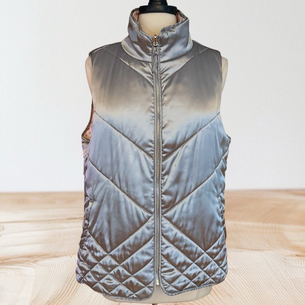 Kensie Reversible Puffer Vest Sz L Womens Sleeveless Silver Satin to Polka Dot